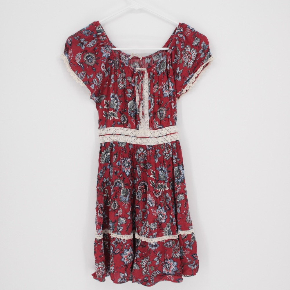 Knit Works Women's Red Floral Lace Trim Boho Fit & Flare Dress Size 14